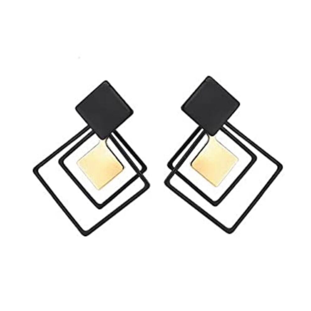 Gold and Black Diamond Cutout Drop Earrings NEW